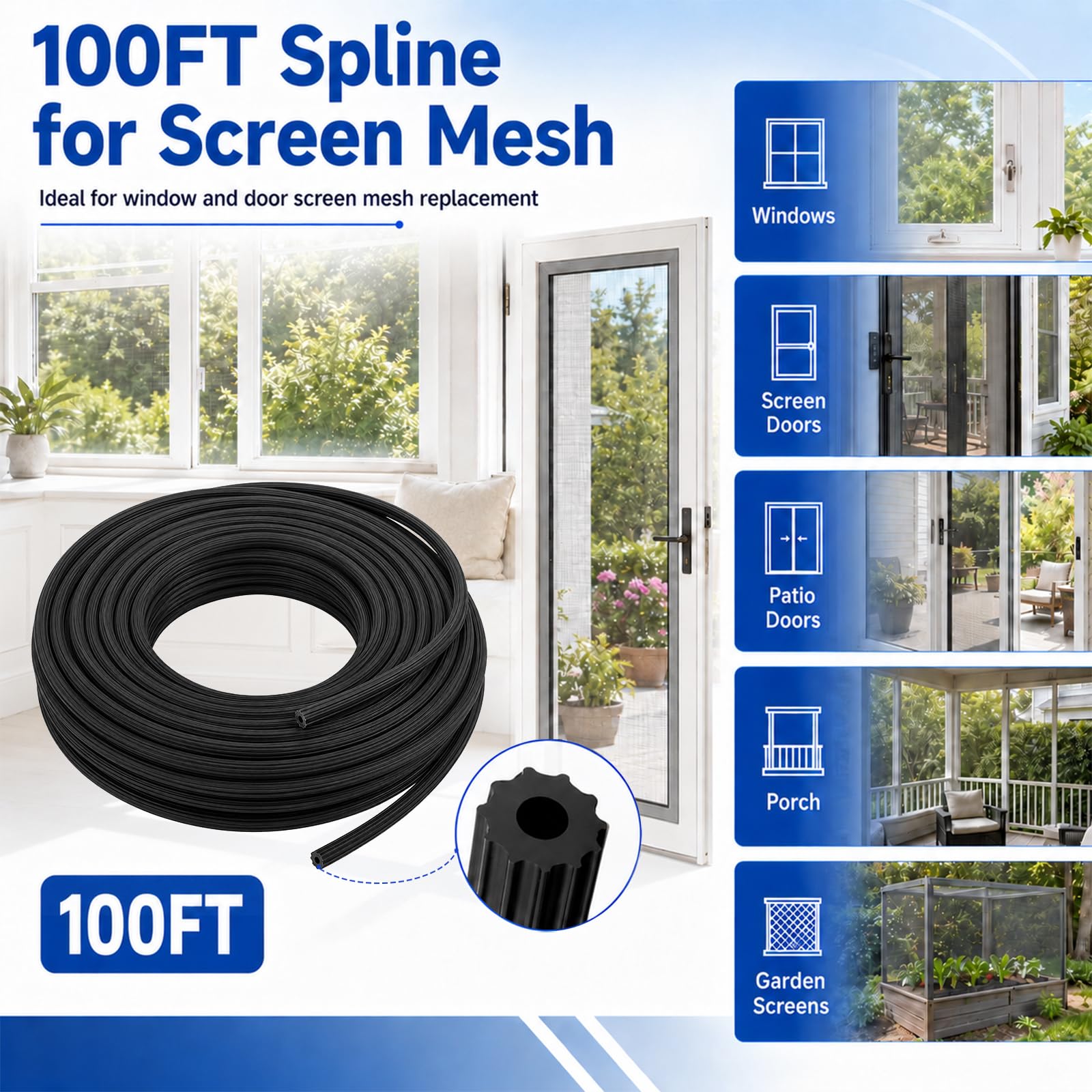 Window Screen Spline 100ft Black 0.125in Repair